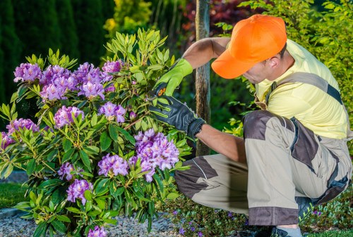 Gardeners Creekmouth working on a well-kept garden in a waterside area