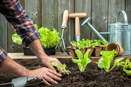 Supervisor checking safe conditions during gardening tasks