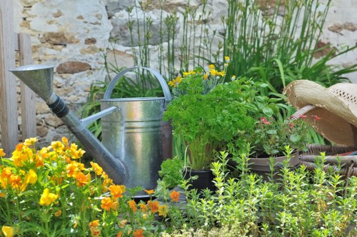 Compact Creekmouth garden design with paving and vertical planting
